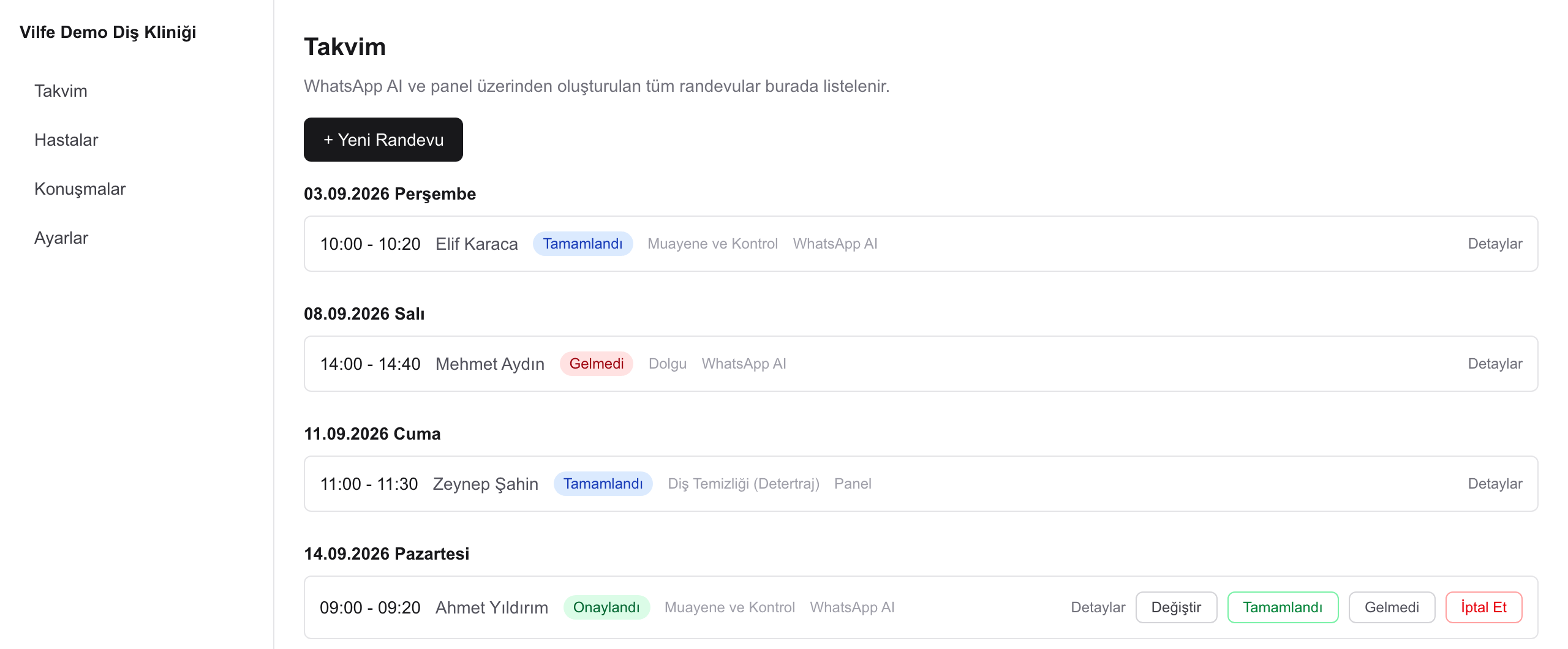 Vilfe klinik panelinde Takvim ekranı — WhatsApp üzerinden alınan randevuların listesi